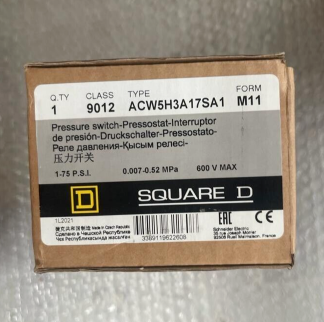 SQUARE D, ACW5H3A17SA1, Pressure Switch 1-75 P.S.I. 0.007-0.52 MPa 600 V MAX