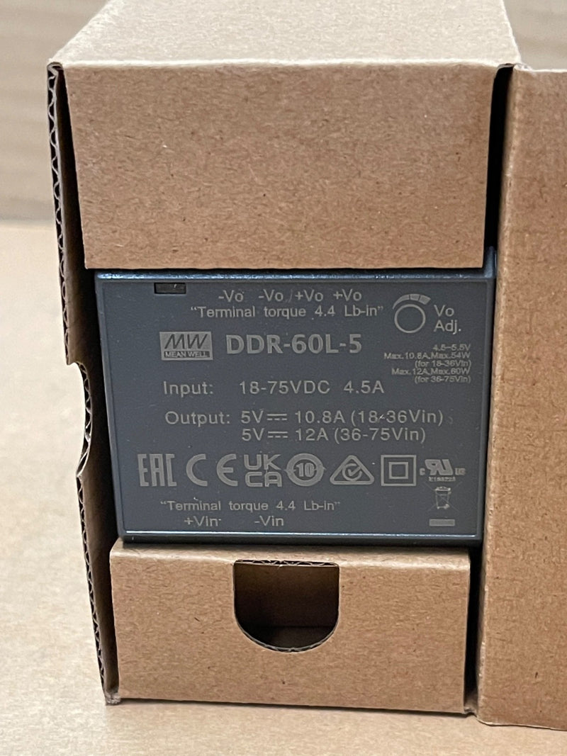 Mean Well – DDR‑60L‑5 – 60 W DIN‑Rail DC‑DC Converter 18‑75 V → 5 V DC 12 A