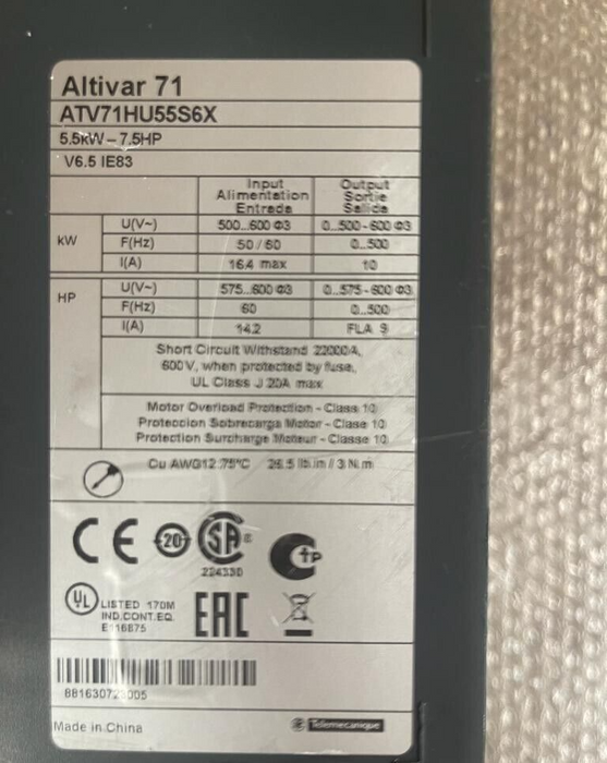 Unused Schneider Electric, ATV71HU55S6X, Variable Speed Drive 5.5kW - 7.5HP