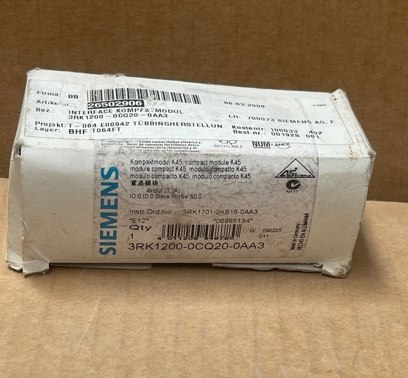 Siemens 3RK1200‑0CQ20‑0AA3 AS‑Interface I/O Module – Compact AS‑I Field I/O Mod