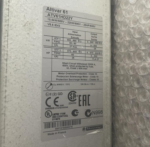 Schneider Electric ATV61 - ATV61HD22Y - VFD 18.5kW/500V - 22kw/690V - 25HP