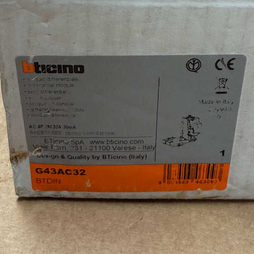 Bticino – G43AC32 – 4‑Pole 32 A AC Differential Module, 30 mA (G2 Add‑On RCD)