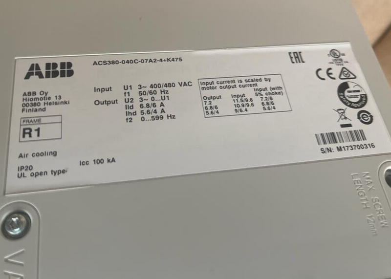 ABB - ACS380 - 3P 400/480V 3kW - AC Speed Drive - AC380-040C-07A2-4+K475