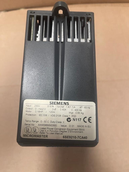 SIEMENS MICROMASTER 6SE9210-7CA40 0.16HP 120W 230V AC Speed Drive