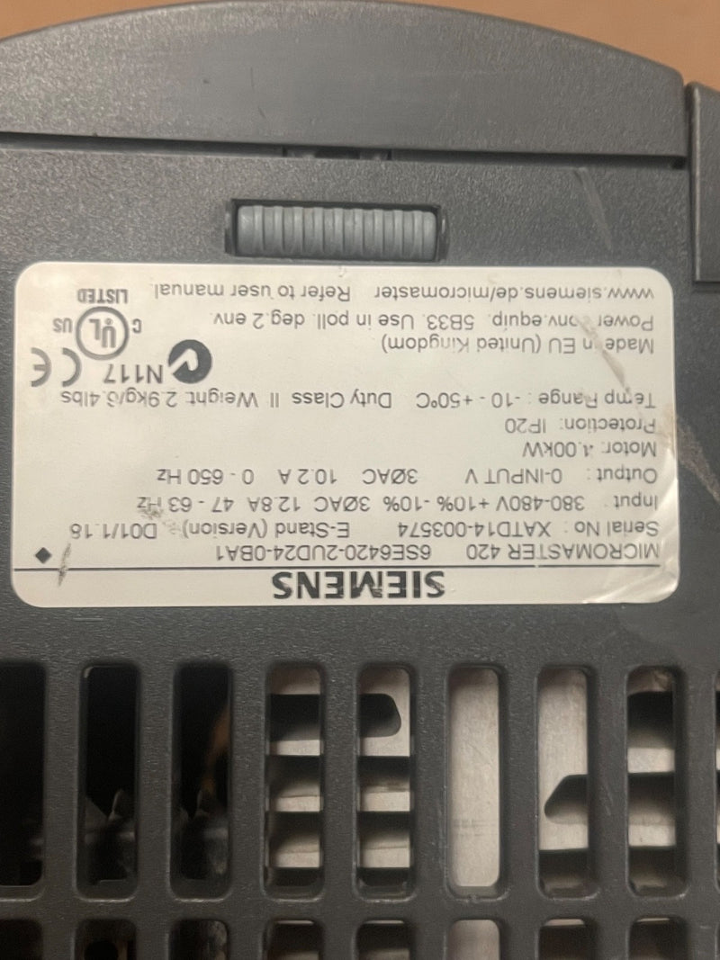 Siemens – 6SE6420‑2UD24‑0BA1 – MICROMASTER 420 Unfiltered 4 kW VFD