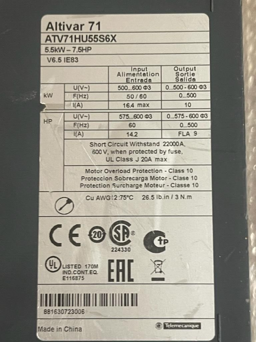 Schneider Electric, ATV71HU55S6X, Altivar 71 5.5kW - 7.5HP Variable Speed Drive